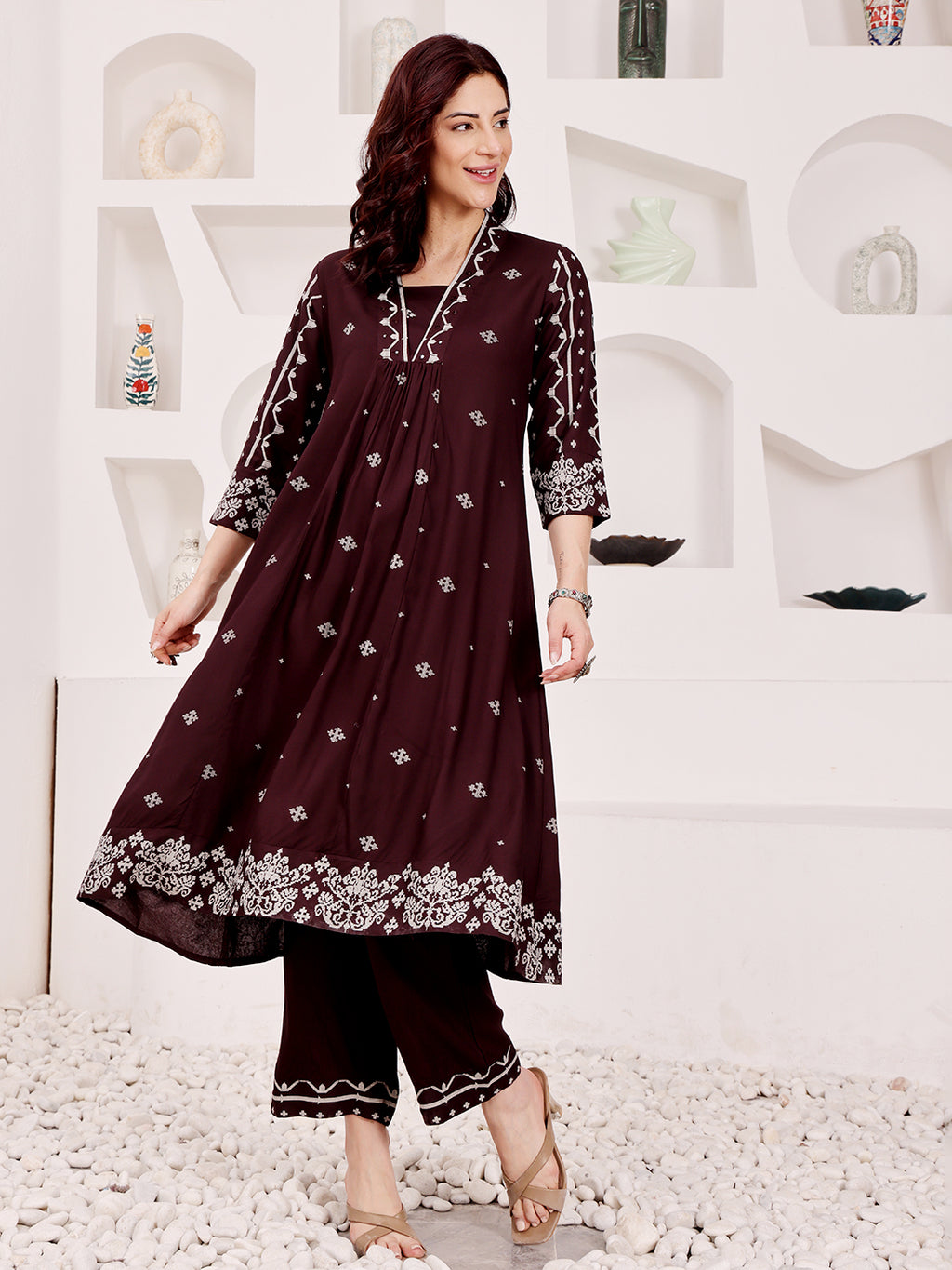 Brown Embroidered Ethnic Kurta Pant Set For Women