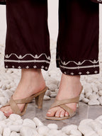 Brown Embroidered Ethnic Kurta Pant Set For Women