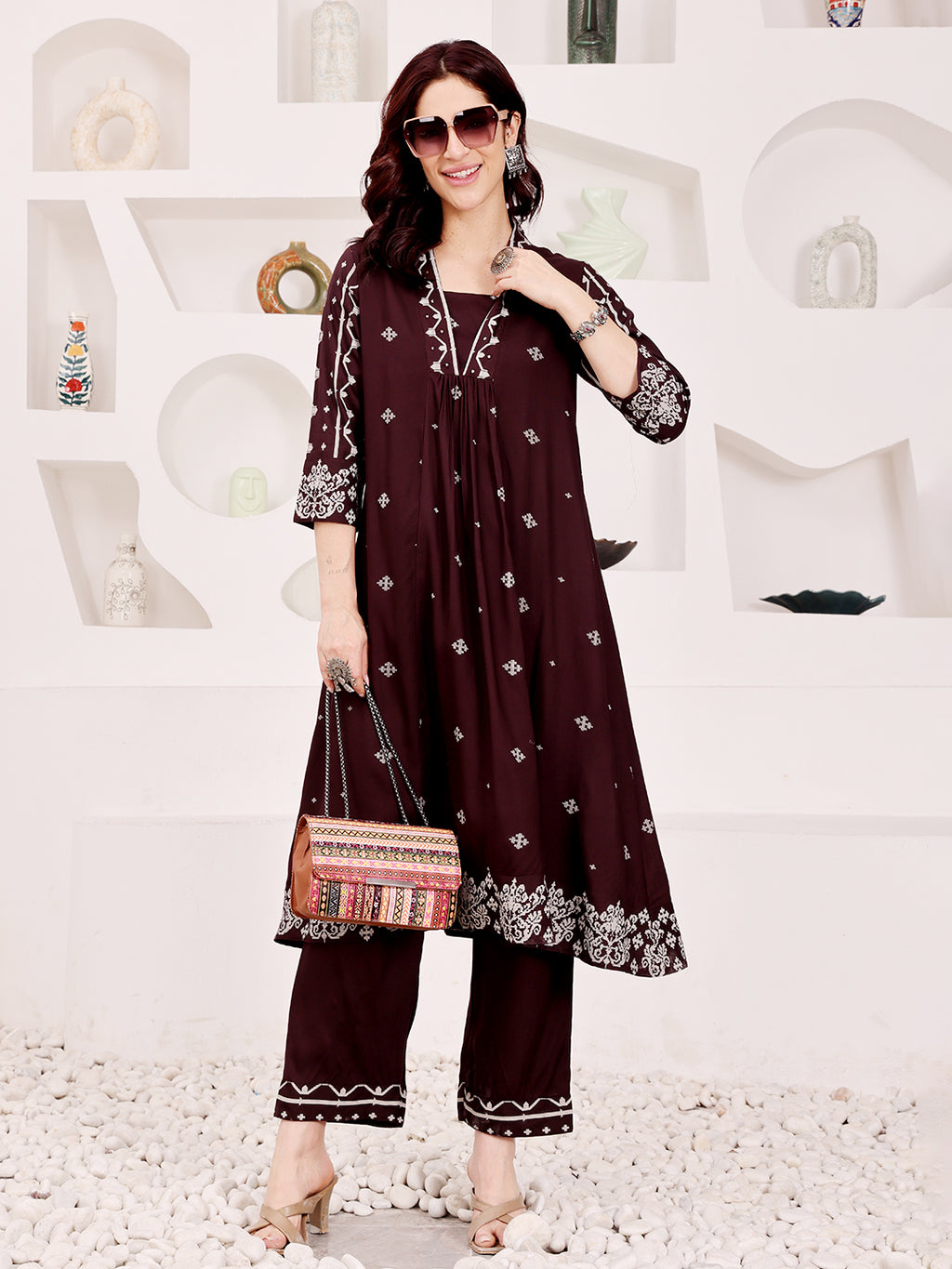 Brown Embroidered Ethnic Kurta Pant Set For Women
