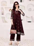 Brown Embroidered Ethnic Kurta Pant Set For Women