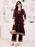 Brown Embroidered Ethnic Kurta Pant Set For Women