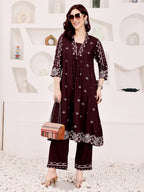 Brown Embroidered Ethnic Kurta Pant Set For Women