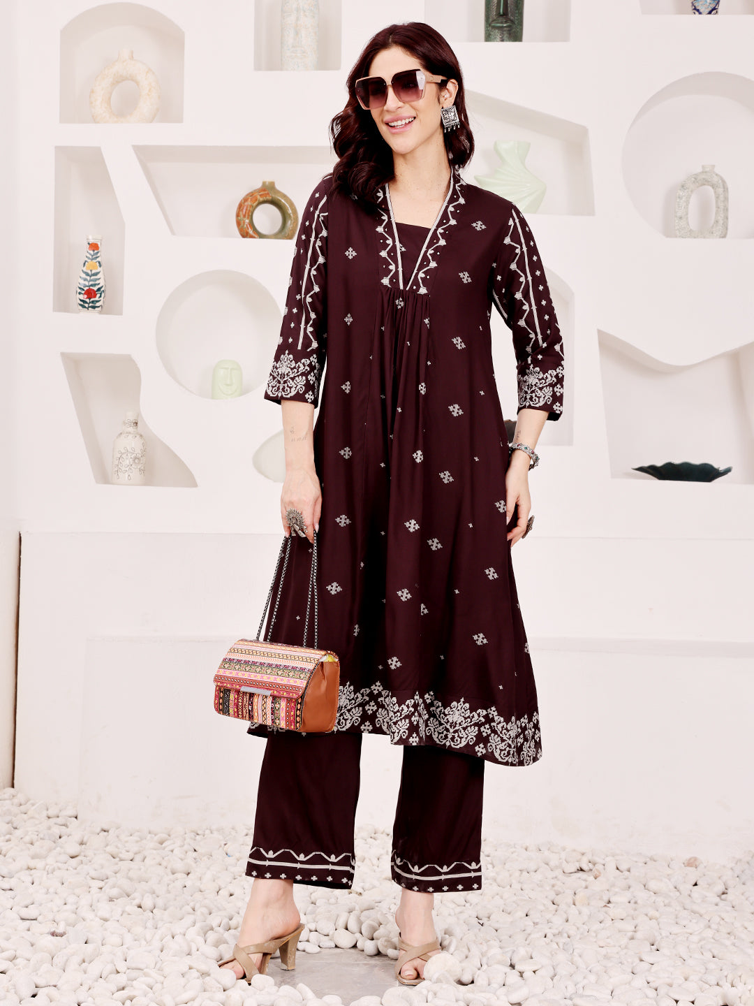 Brown Embroidered Ethnic Kurta Pant Set For Women