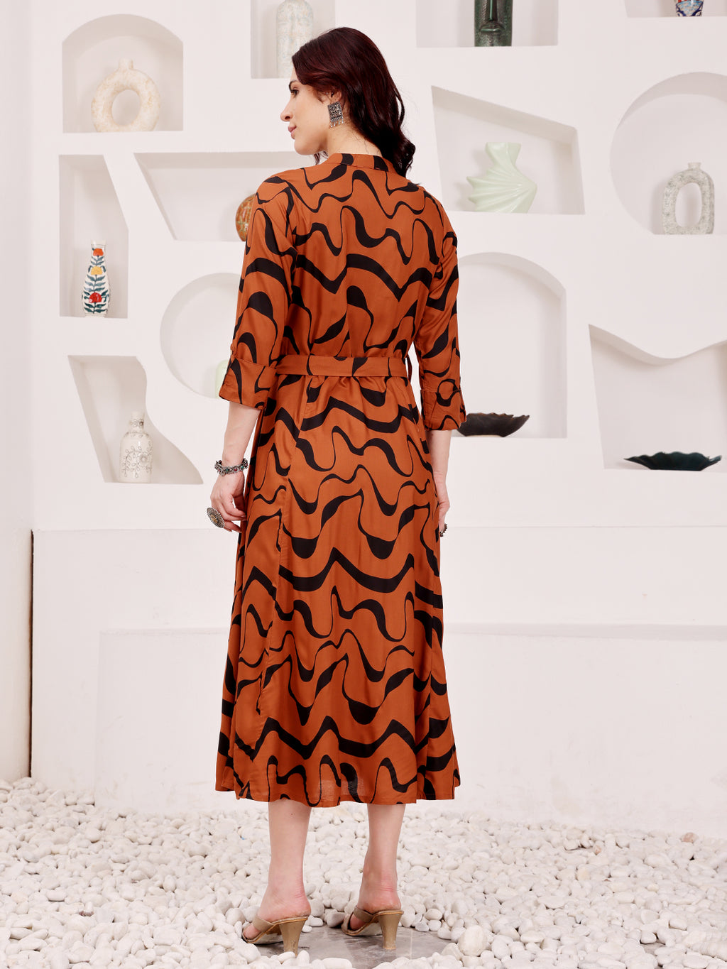 Rust Brown Abstract Printed Midi Dress With Belted Waist