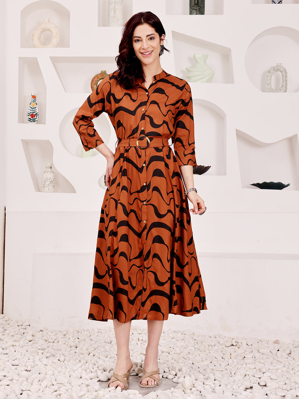 Rust Brown Abstract Printed Midi Dress With Belted Waist
