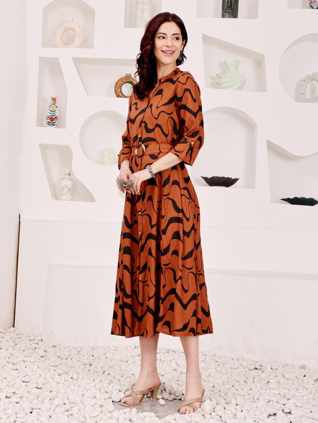 Rust Brown Abstract Printed Midi Dress With Belted Waist