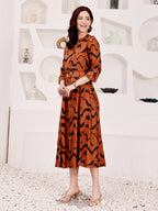 Rust Brown Abstract Printed Midi Dress With Belted Waist