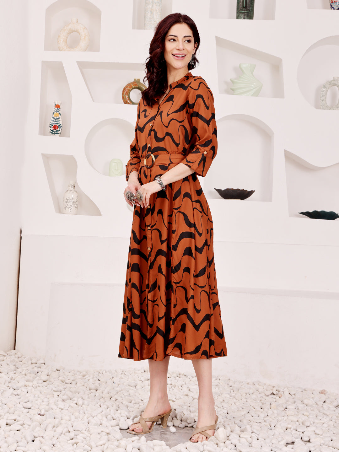 Rust Brown Abstract Printed Midi Dress With Belted Waist