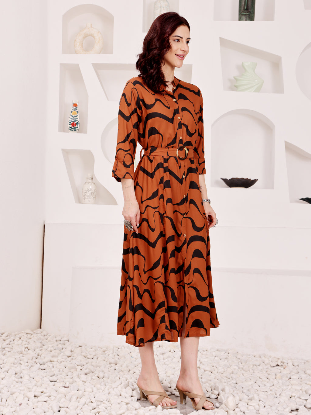 Rust Brown Abstract Printed Midi Dress With Belted Waist