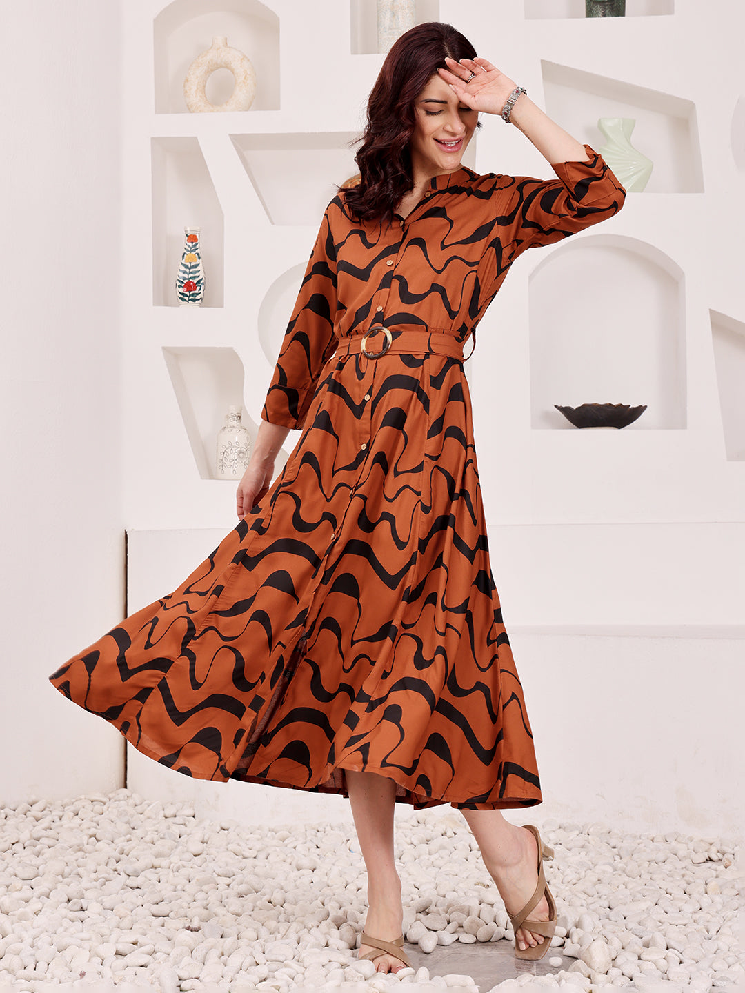 Rust Brown Abstract Printed Midi Dress With Belted Waist
