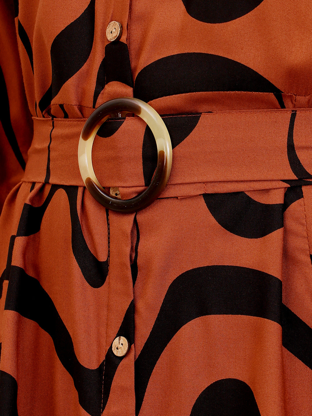 Rust Brown Abstract Printed Midi Dress With Belted Waist