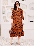 Rust Brown Abstract Printed Midi Dress With Belted Waist