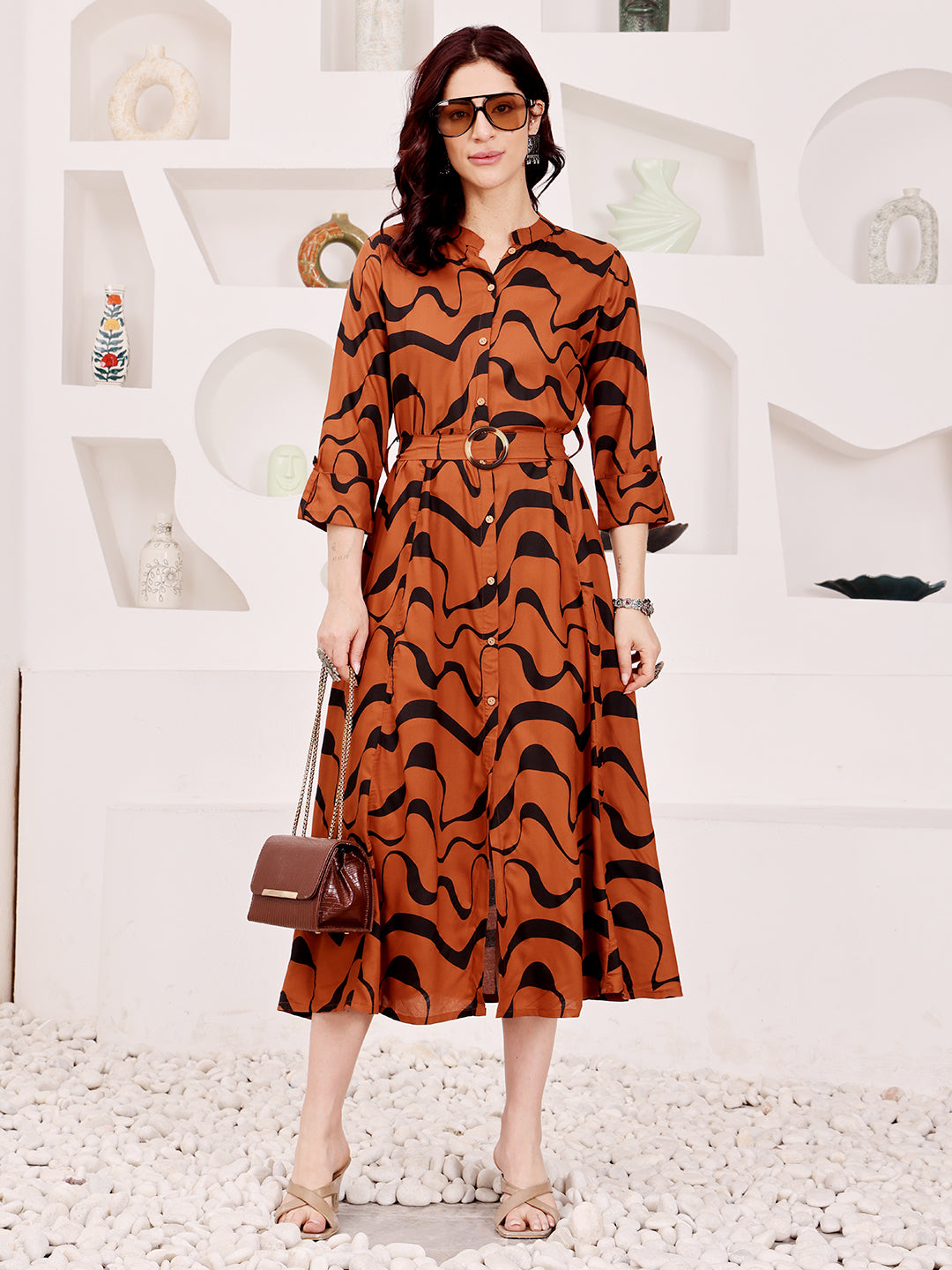 Rust Brown Abstract Printed Midi Dress With Belted Waist