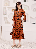 Rust Brown Abstract Printed Midi Dress With Belted Waist