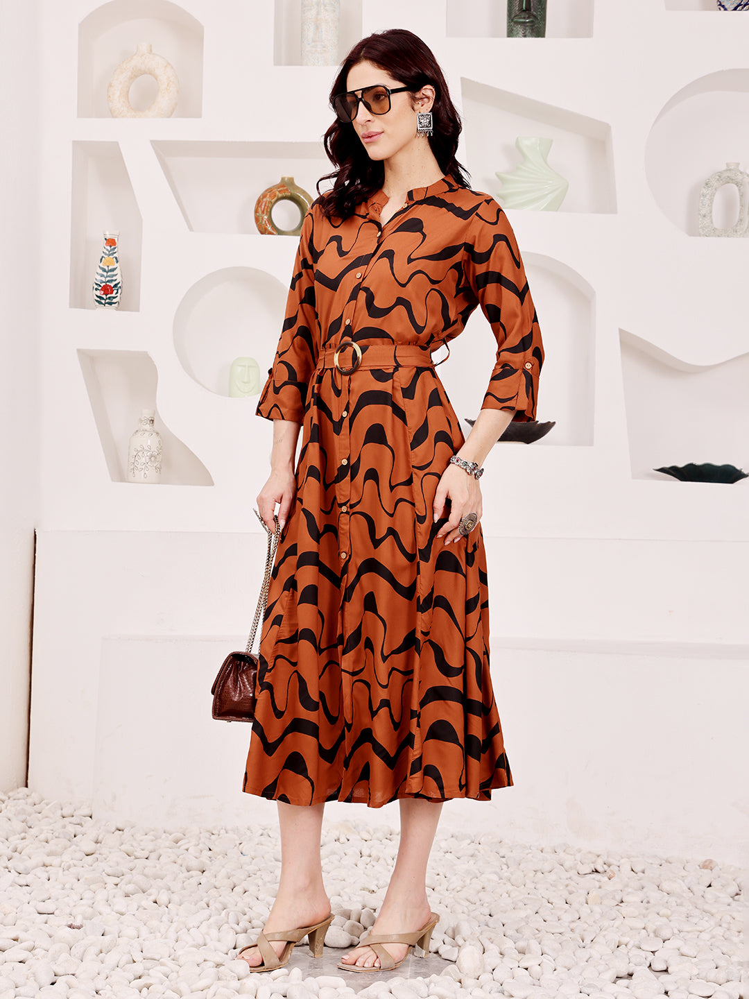 Rust Brown Abstract Printed Midi Dress With Belted Waist