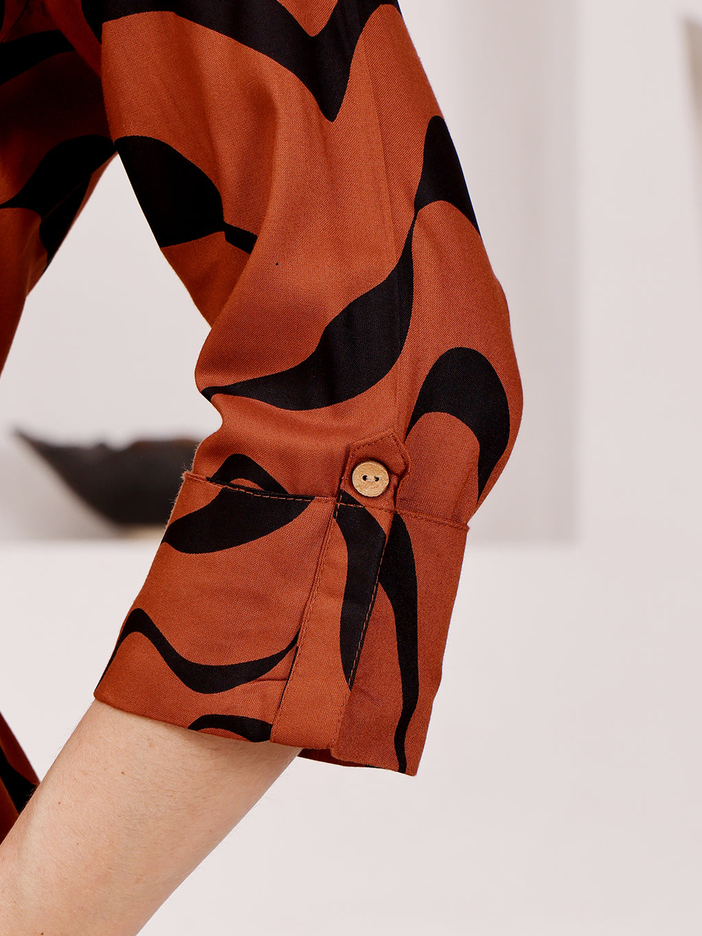 Rust Brown Abstract Printed Midi Dress With Belted Waist