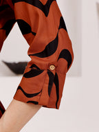 Rust Brown Abstract Printed Midi Dress With Belted Waist