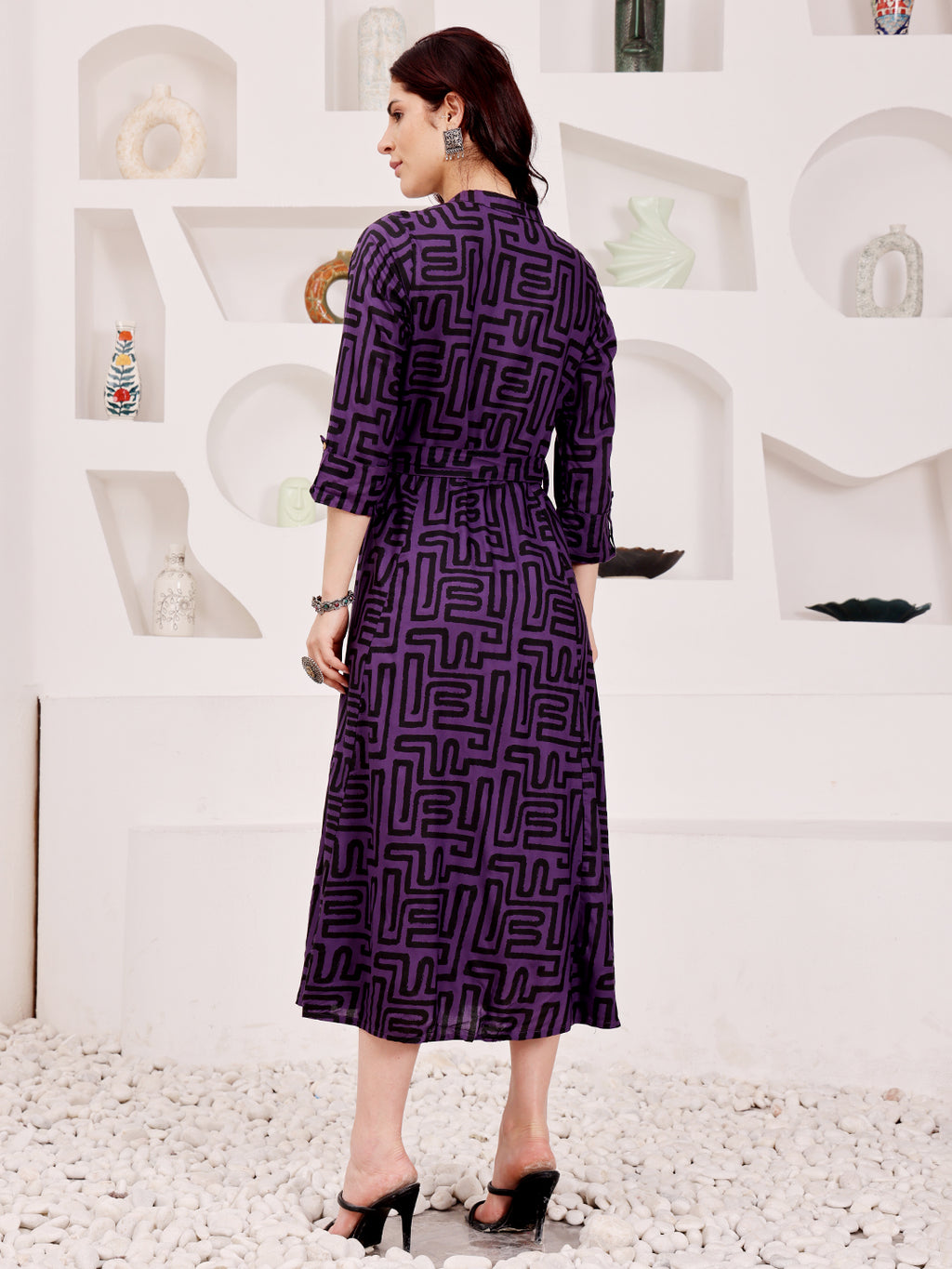 Deep Purple Geometric Printed Midi Dress With Belted Waist