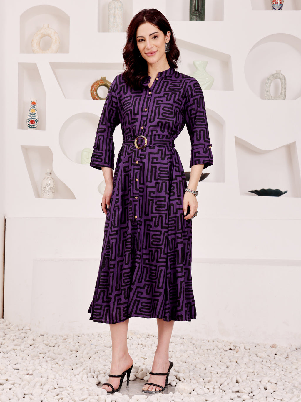 Deep Purple Geometric Printed Midi Dress With Belted Waist