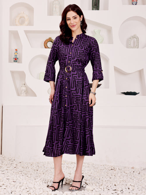 Deep Purple Geometric Printed Midi Dress With Belted Waist