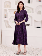 Deep Purple Geometric Printed Midi Dress With Belted Waist