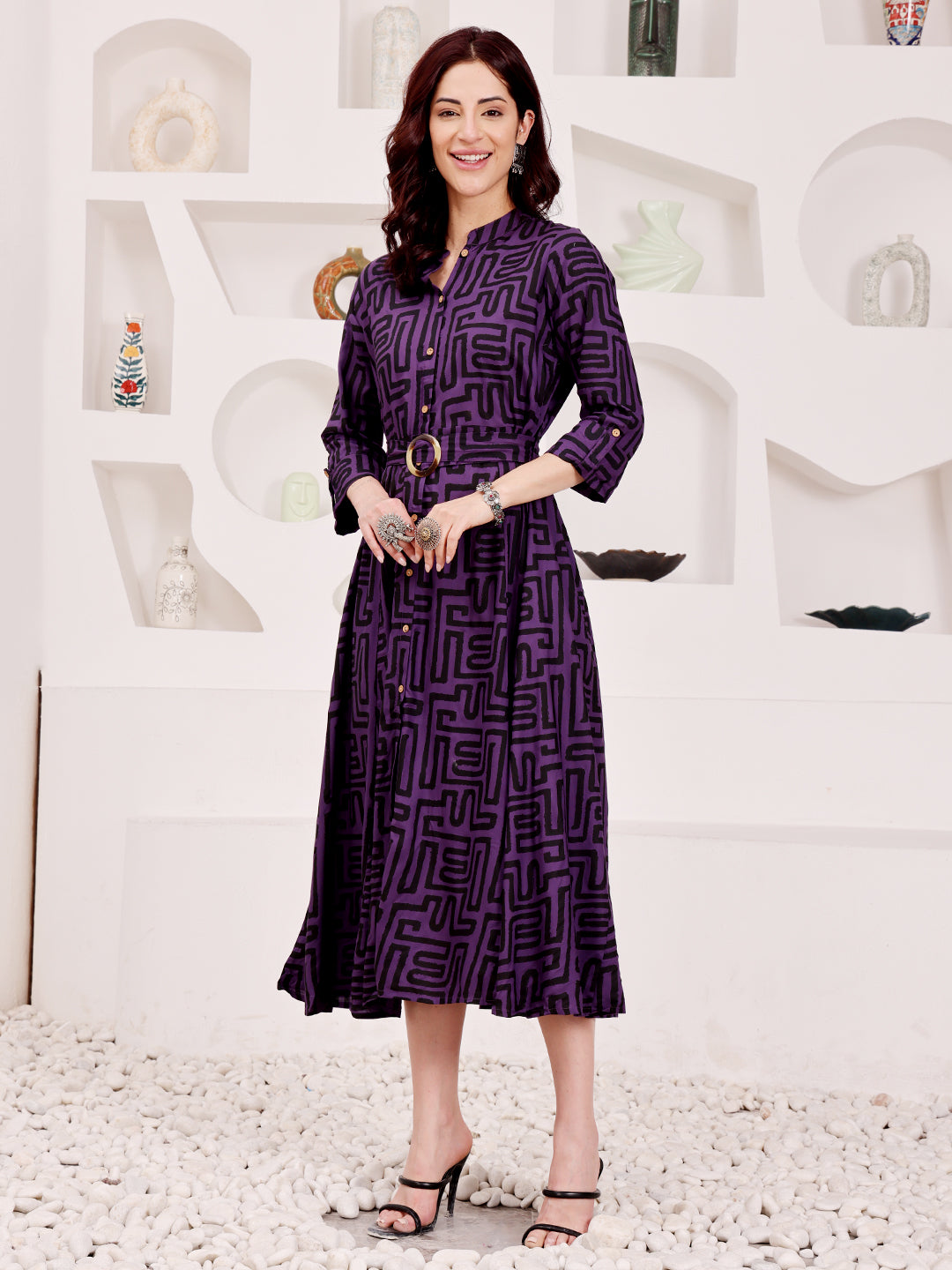 Deep Purple Geometric Printed Midi Dress With Belted Waist
