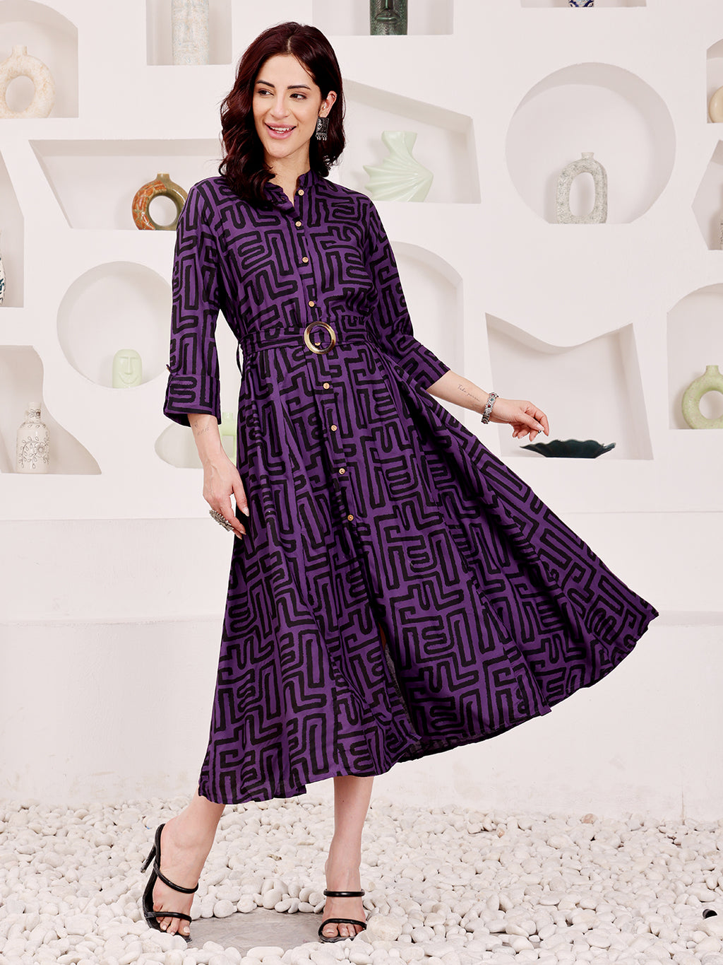 Deep Purple Geometric Printed Midi Dress With Belted Waist