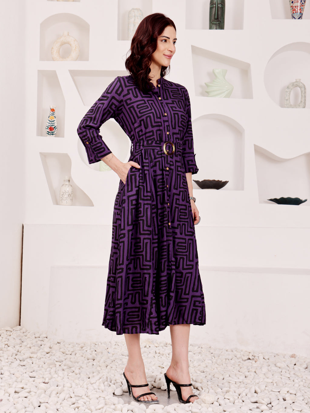 Deep Purple Geometric Printed Midi Dress With Belted Waist