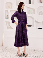 Deep Purple Geometric Printed Midi Dress With Belted Waist