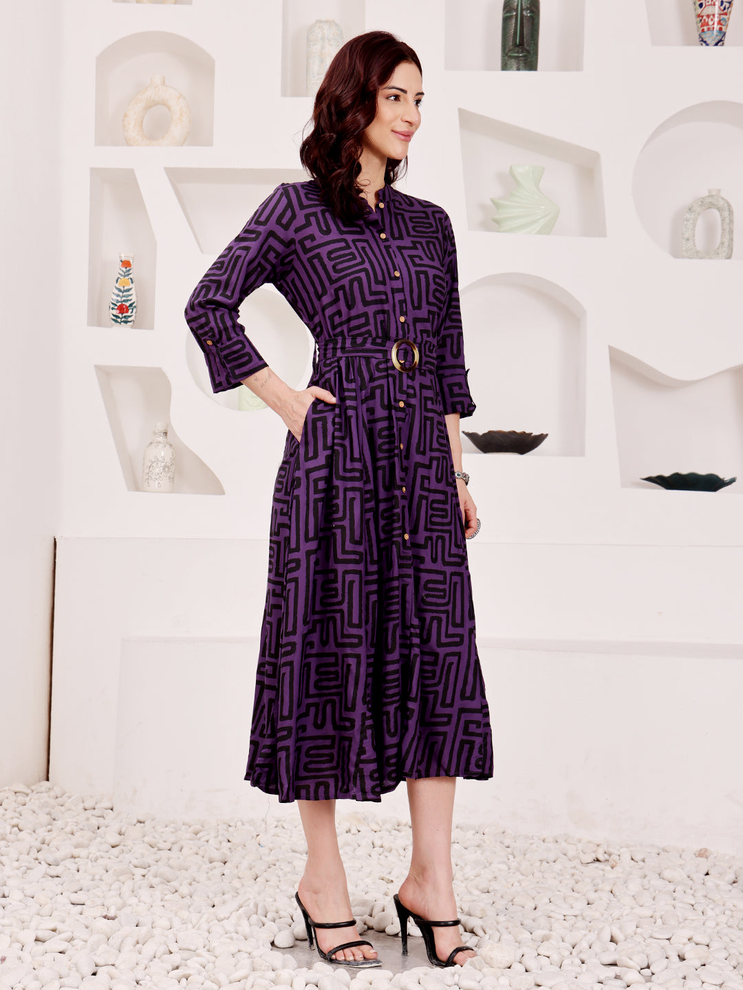 Deep Purple Geometric Printed Midi Dress With Belted Waist