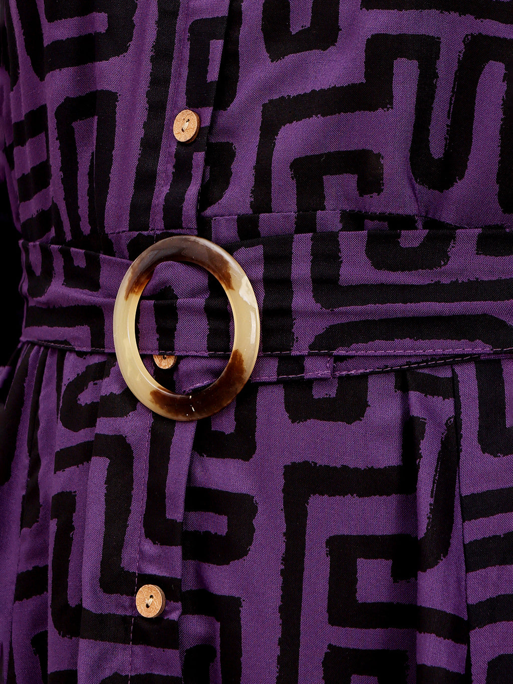 Deep Purple Geometric Printed Midi Dress With Belted Waist