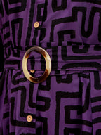 Deep Purple Geometric Printed Midi Dress With Belted Waist