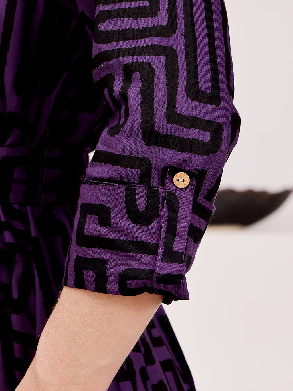 Deep Purple Geometric Printed Midi Dress With Belted Waist