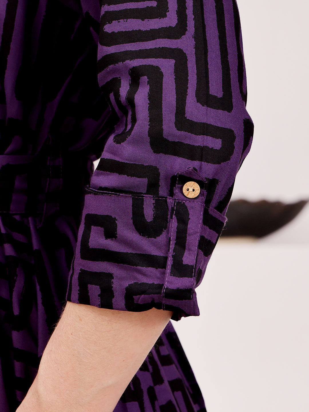 Deep Purple Geometric Printed Midi Dress With Belted Waist