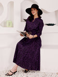 Deep Purple Geometric Printed Midi Dress With Belted Waist