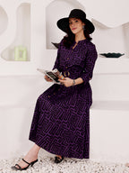 Deep Purple Geometric Printed Midi Dress With Belted Waist