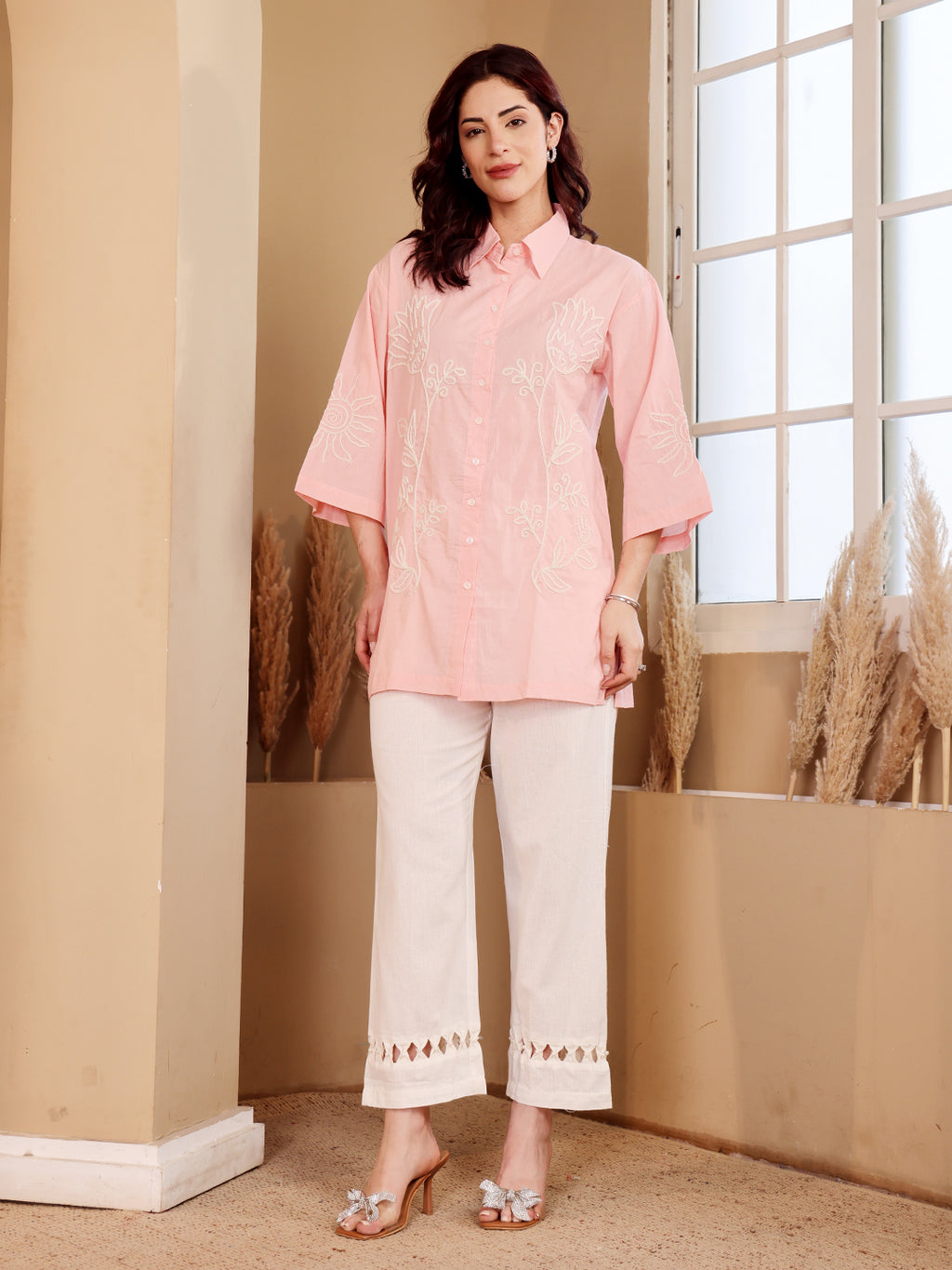 Pink Embroidered Shirt With White Pants Set