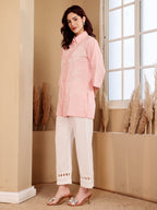 Pink Embroidered Shirt With White Pants Set