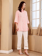 Pink Embroidered Shirt With White Pants Set