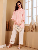 Pink Embroidered Shirt With White Pants Set