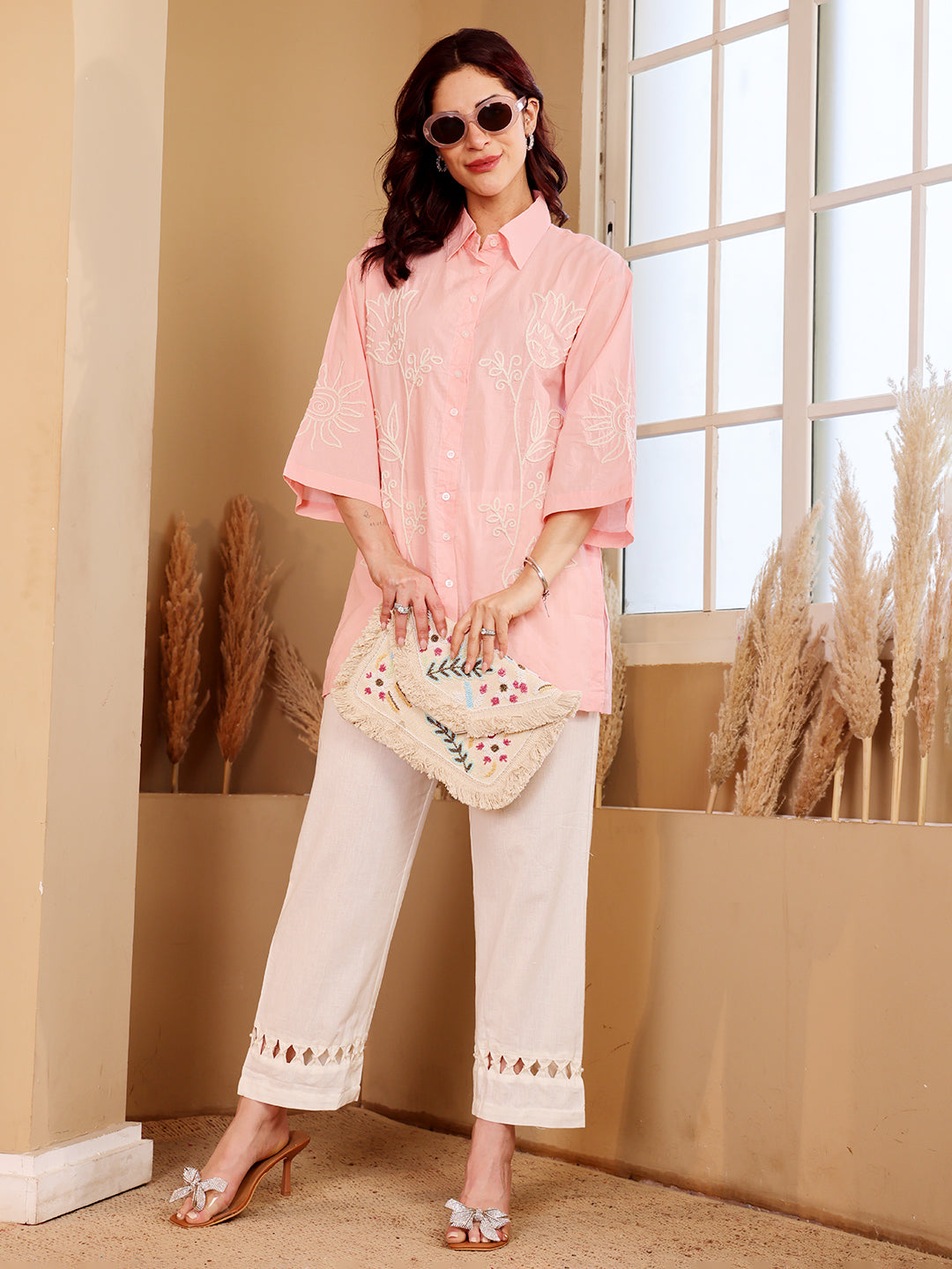 Pink Embroidered Shirt With White Pants Set