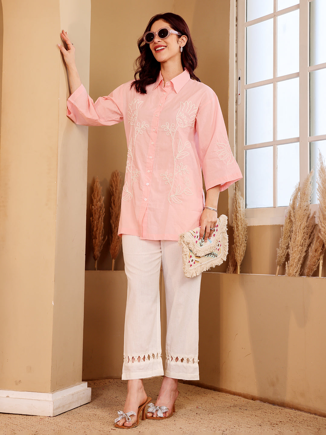 Pink Embroidered Shirt With White Pants Set