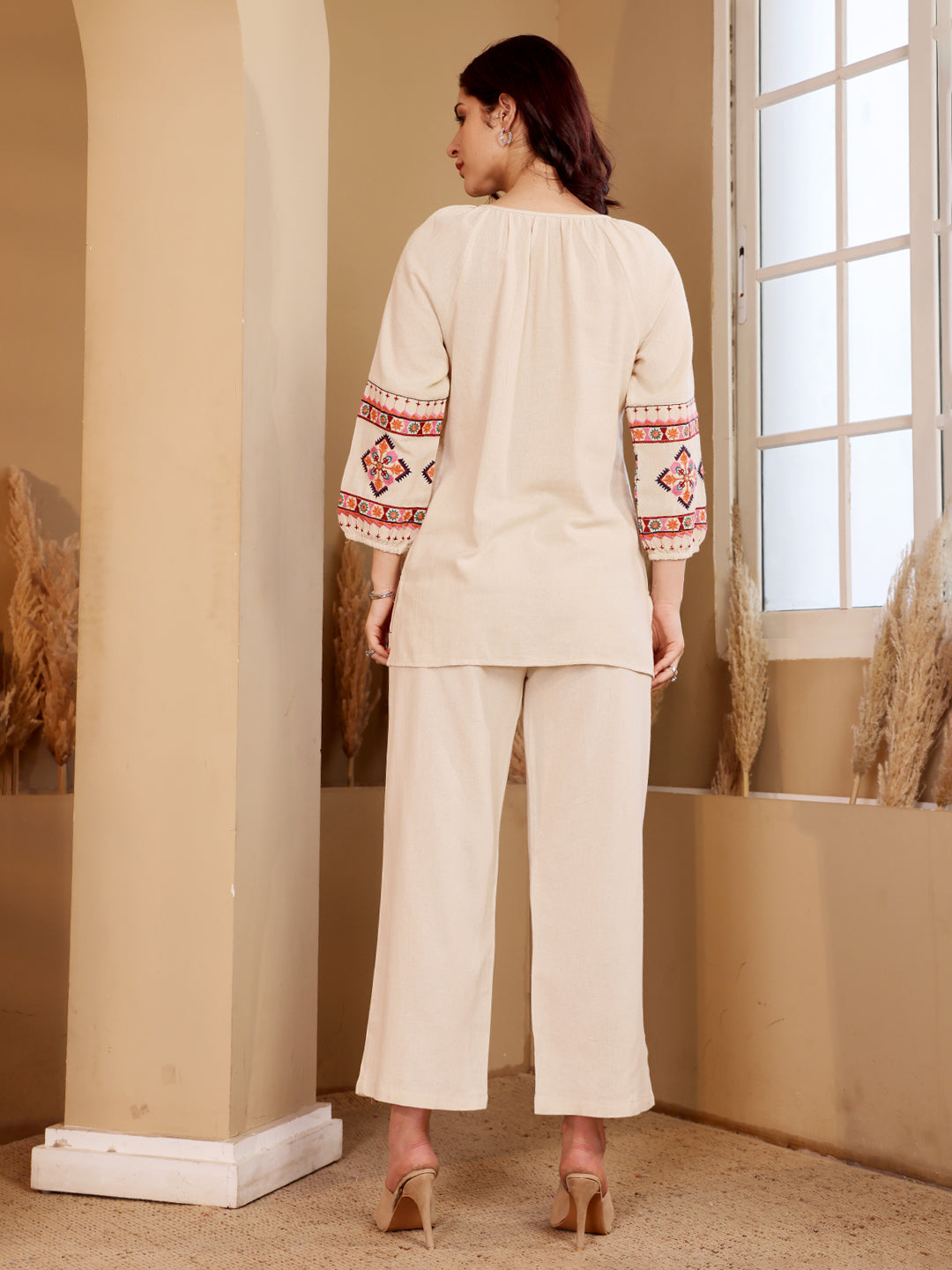 White Embroidered Ethnic Co-Ord Set For Women