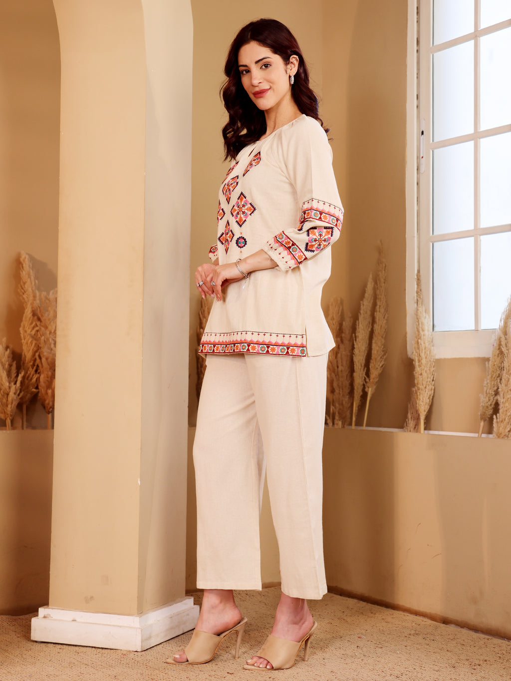 White Embroidered Ethnic Co-Ord Set For Women