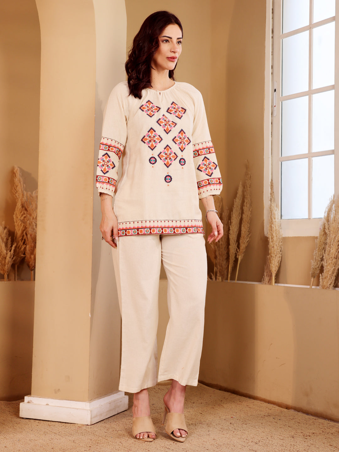 White Embroidered Ethnic Co-Ord Set For Women
