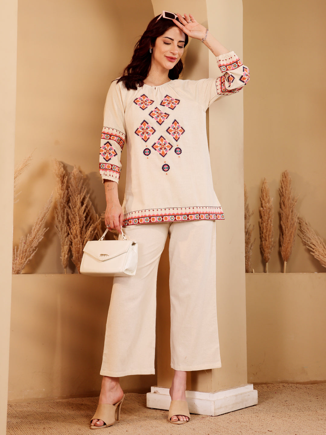 White Embroidered Ethnic Co-Ord Set For Women
