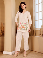 White Embroidered Deer Kurta Pajama Set For Women