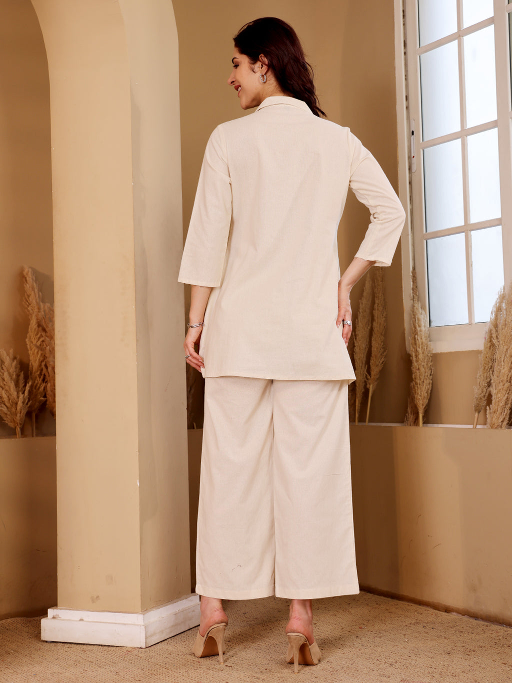 White Embroidered Sunflower Cotton Kurti Palazzo Set For Women