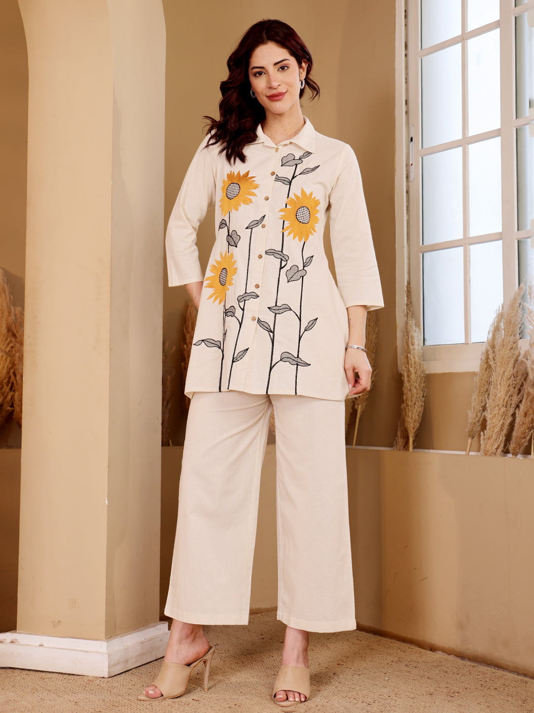 White Embroidered Sunflower Cotton Kurti Palazzo Set For Women