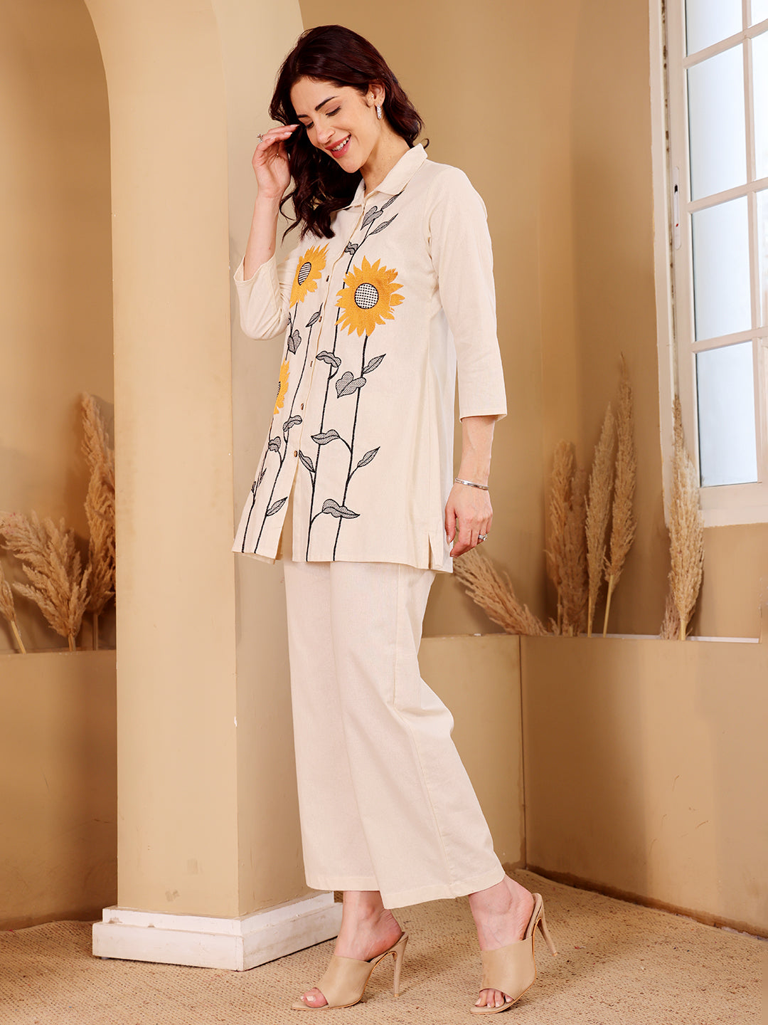 White Embroidered Sunflower Cotton Kurti Palazzo Set For Women
